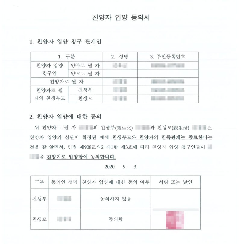 친양자 입양 동의서. 1. 친양자 입양 청구 관계인 — 양부로 될 자, 친양자로 될 자, 친생부, 친생모. 2. 친양자 입양에 대한 동의 — 친양자로 될 자의 친생부와 친생모는 친양자 입양의 심판이 확정된 때에 친생부모와 친양자의 친족관계는 종료한다는 것을 잘 알면서, 민법 제908조의2 제1항 제3호에 따라 친양자 입양 청구인들이 친양자로 입양함에 동의합니다. 2020. 9. 3. 표 — 친생부 동의하지 않음, 친생모 동의함. 이름과 주민등록번호, 주소 가운데 시·구 뒤의 자리, 등록기준지 뒷자리, 사건번호 숫자, 법관·법원사무관 이름과 도장, 서명과 인장, QR코드·발급번호·위변조 방지 바코드는 가렸다.