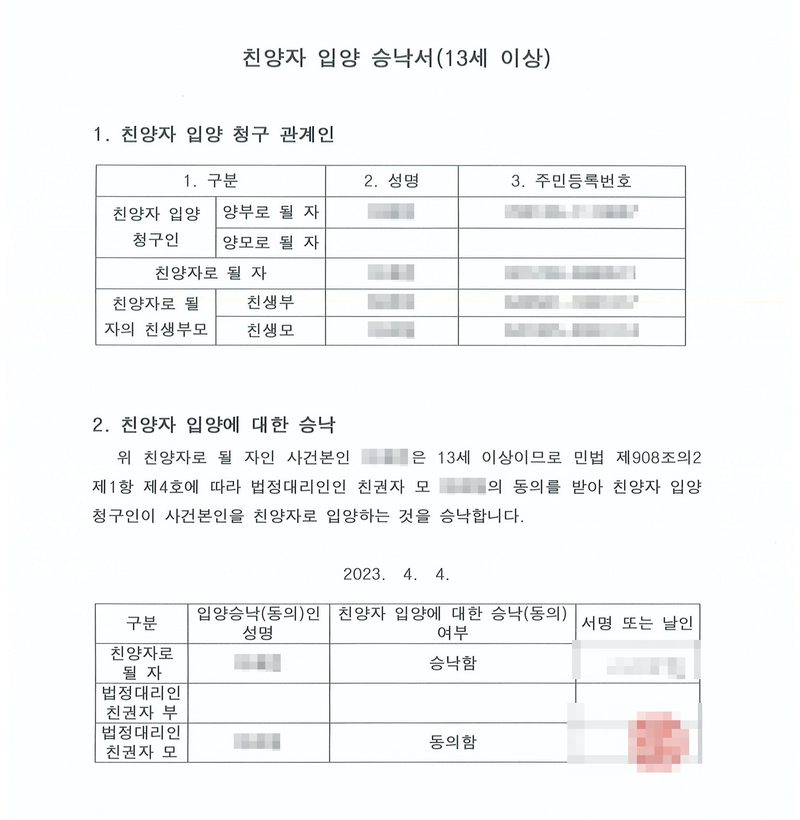 친양자 입양 승낙서(13세 이상). 1. 친양자 입양 청구 관계인 — 양부로 될 자, 친양자로 될 자, 친생부, 친생모의 성명과 주민등록번호. 2. 친양자 입양에 대한 승낙 — 위 친양자로 될 자인 사건본인은 13세 이상이므로 민법 제908조의2 제1항 제4호에 따라 법정대리인인 친권자 모의 동의를 받아 친양자 입양 청구인이 사건본인을 친양자로 입양하는 것을 승낙합니다. 2023. 4. 4. 표 — 친양자로 될 자 승낙함, 법정대리인 친권자 모 동의함. 이름과 주민등록번호, 주소 가운데 시·구 뒤의 자리, 등록기준지 뒷자리, 사건번호 숫자, 법관·법원사무관 이름과 도장, 서명과 인장, QR코드·발급번호·위변조 방지 바코드는 가렸다.