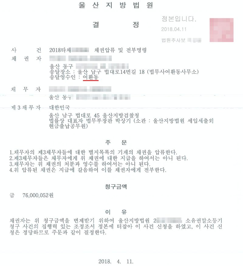 울산지방법원 결정 정본. 사건 2018타채 채권압류 및 전부명령, 채권자(울산 동구, 송달장소 울산 남구 법대로14번길 18 법무사여환동사무소, 송달영수인 여환동), 채무자, 제3채무자 대한민국(법률상 대표자 법무부장관, 소관 울산지방법원 세입세출외현금출납공무원). 주문 1. 채무자의 제3채무자에 대한 별지목록 기재 채권을 압류한다 2. 제3채무자는 채무자에게 지급하여서는 아니 된다 3. 채무자는 처분과 영수를 하여서는 아니 된다 4. 위 압류된 채권은 지급에 갈음하여 이를 채권자에게 전부한다. 청구금액 76,000,052원. 이유 — 울산지방법원 소유권말소등기청구 사건의 집행력 있는 조정조서 정본. 2018. 4. 11. 송달영수인 여환동에 빨간 밑줄. 채권자·채무자 이름과 주민등록번호, 주소 가운데 구 뒤의 자리, 사건번호 숫자, 법원주사보 이름과 도장은 가렸다.