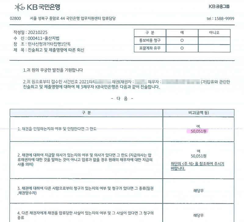 KB국민은행 진술최고 및 제출명령에 따른 회신(2021. 2. 25.). 수신 울산지법. 사건번호 2021타채 채권(채권자, 채무자) 압류와 관련한 진술최고에 대하여 제3채무자 KB국민은행은 다음과 같이 진술합니다. 1. 채권을 인정하는지의 여부 및 인정한다면 그 한도 — 예, 50,051원. 2. 채권에 대하여 지급할 의사가 있는지의 여부 및 의사가 있다면 그 한도 — 예, 50,051원. 3. 다른 사람으로부터 청구 — 해당무. 4. 다른 채권자에게 압류당한 사실 — 해당무. 채권자·채무자의 이름과 주민등록번호, 주소 가운데 구 뒤의 자리, 사건번호의 숫자, 은행 대표자·은행장과 법원 직원의 이름, QR은 가렸다.
