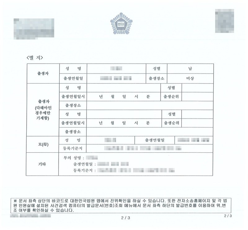 확인서 별지. 출생자 — 성명, 성별 남, 출생연월일, 출생장소 미상. 출생자(다태아인 경우에만 기재함) 칸은 비어 있음. 모(母) — 성명, 출생연월일, 등록기준지. 기타 — 부의 성명·출생연월일·등록기준지. 이름·생년월일·등록기준지·발급번호는 가렸다.