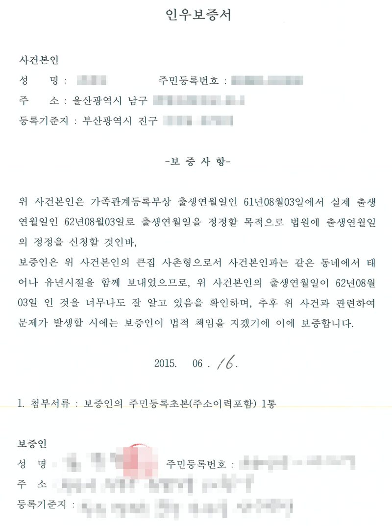 인우보증서. 사건본인 성명, 주민등록번호, 주소 울산광역시 남구, 등록기준지 부산광역시 진구. 보증사항 — 위 사건본인은 가족관계등록부상 출생연월일인 61년08월03일에서 실제 출생연월일인 62년08월03일로 출생연월일을 정정할 목적으로 법원에 출생연월일의 정정을 신청할 것인바, 보증인은 위 사건본인의 큰집 사촌형으로서 사건본인과는 같은 동네에서 태어나 유년시절을 함께 보내었으므로, 위 사건본인의 출생연월일이 62년08월03일인 것을 너무나도 잘 알고 있음을 확인하며, 추후 위 사건과 관련하여 문제가 발생할 시에는 보증인이 법적 책임을 지겠기에 이에 보증합니다. 2015. 06. 16. 첨부서류 보증인의 주민등록초본(주소이력포함) 1통. 보증인 성명·주민등록번호·주소·등록기준지(손글씨). 신청인과 부모·증인의 이름과 주민등록번호, 등록기준지와 주소 가운데 구 뒤의 자리, 학교 이름과 직인, 담당자, 손글씨 부분은 가렸다.