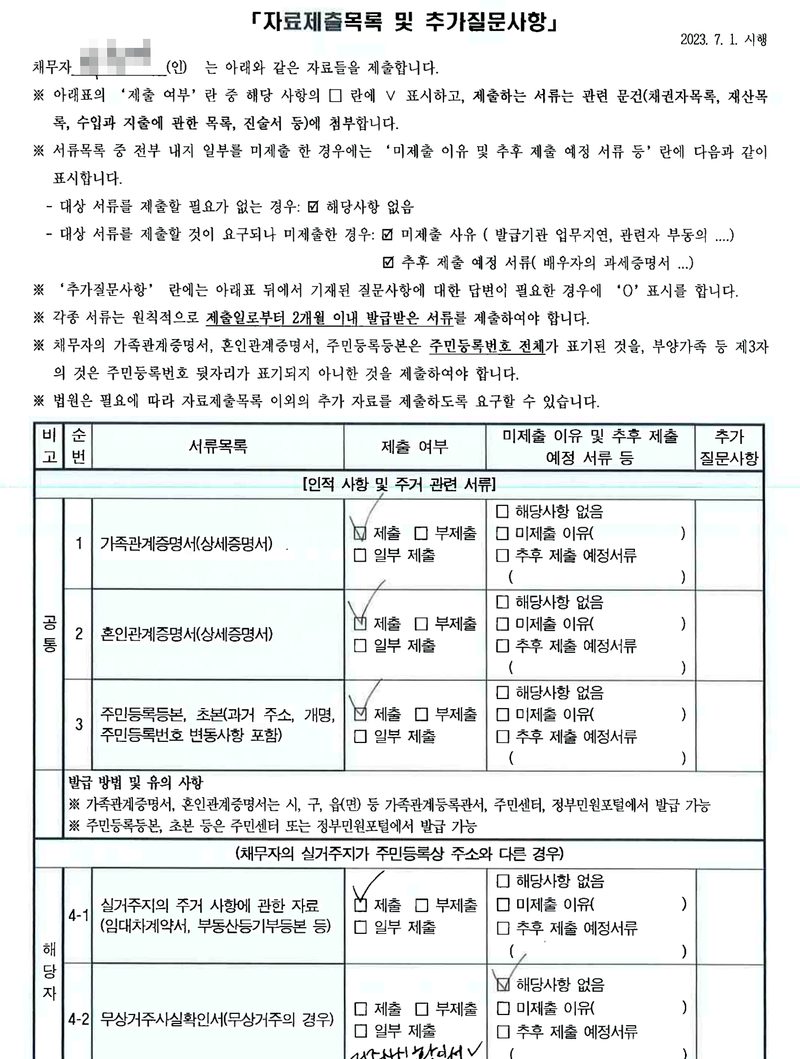 「자료제출목록 및 추가질문사항」(2023. 7. 1. 시행). 채무자(이름 가림) (인)는 아래와 같은 자료들을 제출합니다. 아래표의 제출 여부 란 중 해당 사항의 □ 란에 v 표시하고, 제출하는 서류는 관련 문건(채권자목록, 재산목록, 수입과 지출에 관한 목록, 진술서 등)에 첨부합니다. 서류목록 중 전부 내지 일부를 미제출한 경우에는 미제출 이유 및 추후 제출 예정 서류 등 란에 표시합니다. 추가질문사항 란에는 질문사항에 대한 답변이 필요한 경우 O 표시. 각종 서류는 원칙적으로 제출일로부터 2개월 이내 발급받은 서류. 가족관계증명서·혼인관계증명서·주민등록등본은 주민등록번호 전체가 표기된 것, 부양가족 등의 것은 뒷자리가 표기되지 아니한 것. 법원은 필요에 따라 추가 자료를 요구할 수 있습니다. 표 — 인적 사항 및 주거 관련 서류: 1 가족관계증명서(상세증명서) 2 혼인관계증명서(상세증명서) 3 주민등록등본, 초본(과거 주소, 개명, 주민등록번호 변동사항 포함) — 각 제출 표시. 4-1 실거주지의 주거 사항에 관한 자료(임대차계약서, 부동산등기부등본 등) 제출 표시, 4-2 무상거주사실확인서(무상거주의 경우) 해당사항 없음 표시.