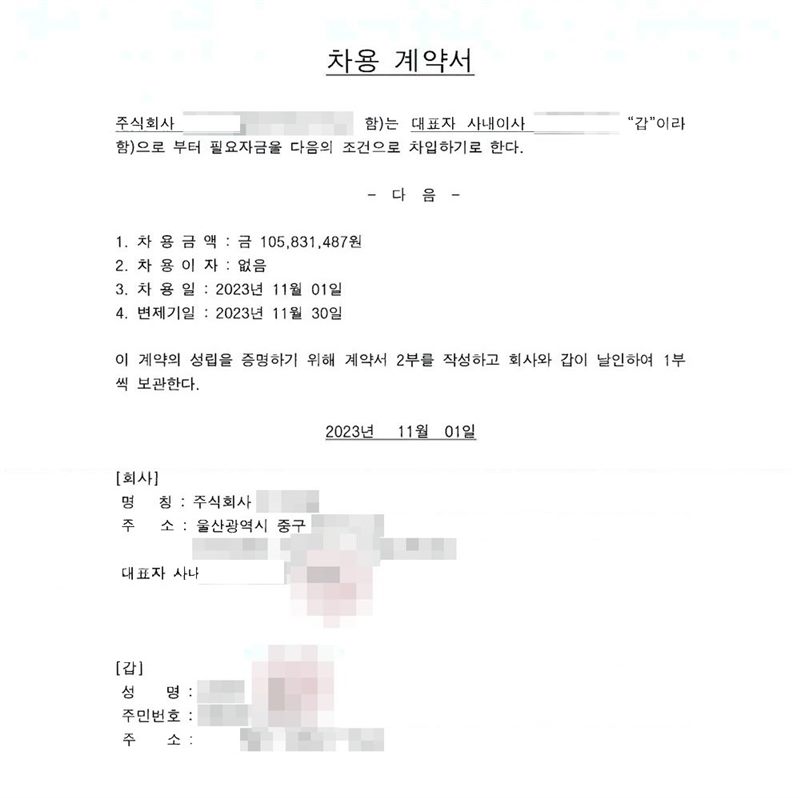 차용계약서. 회사가 대표자 사내이사로부터 필요자금을 차입. 차용금액 105,831,487원, 차용이자 없음, 차용일 2023년 11월 01일, 변제기일 2023년 11월 30일. 회사와 대표자가 날인. 회사 이름·등기번호, 본점과 대표자 주소 가운데 시·구 뒤의 자리, 대표자 이름과 주민등록번호, 법인등록번호, 전자표준양식 번호·바코드·QR, 도장, 세무사 사무소 이름·주소·도장은 가렸다.