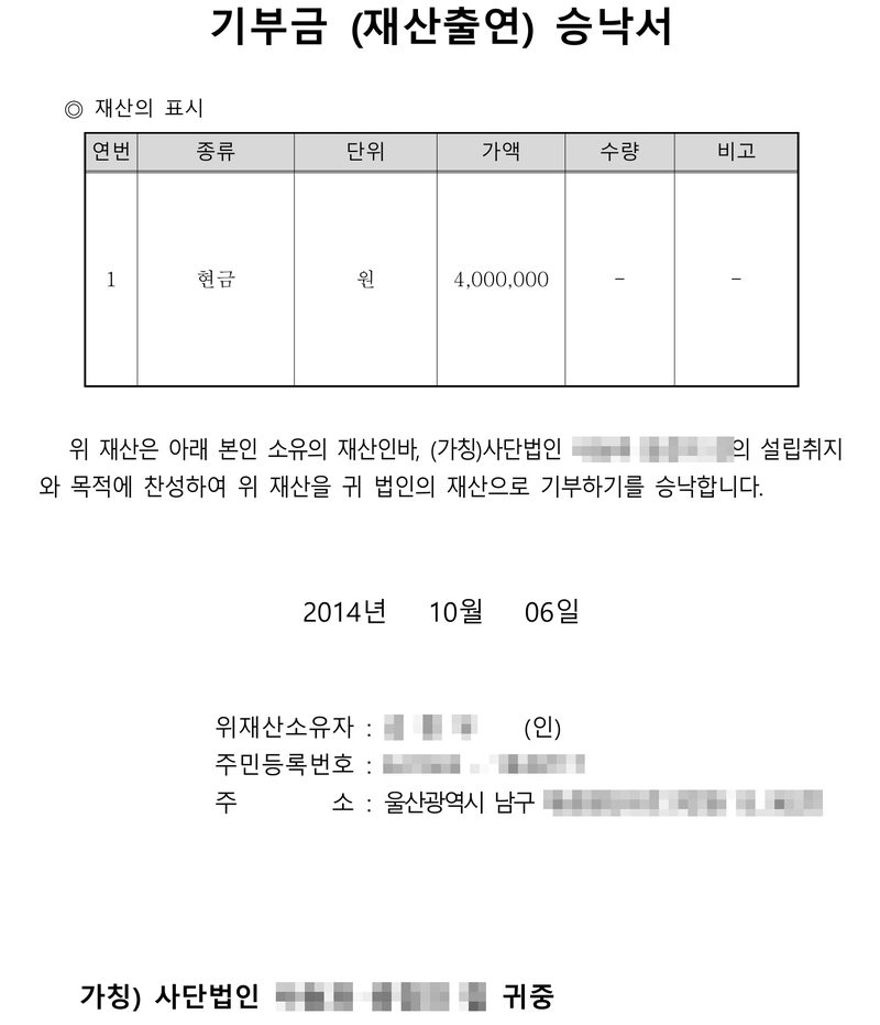 기부금(재산출연) 승낙서. 재산의 표시 — 연번 1, 종류 현금, 단위 원, 가액 4,000,000. 위 재산은 아래 본인 소유의 재산인바, (가칭)사단법인 (이름 가림)의 설립취지와 목적에 찬성하여 위 재산을 귀 법인의 재산으로 기부하기를 승낙합니다. 2014년 10월 06일. 위재산소유자·주민등록번호·주소(울산광역시 남구, 뒷자리 가림) 가림. (가칭) 사단법인(이름 가림) 귀중.