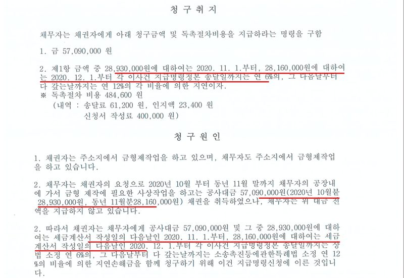 지급명령 별지. 청구취지 — 채무자는 채권자에게 아래 청구금액 및 독촉절차비용을 지급하라는 명령을 구함. 1. 금 57,090,000원 2. 제1항 금액 중 28,930,000원에 대하여는 2020. 11. 1.부터, 28,160,000원에 대하여는 2020. 12. 1.부터 각 이사건 지급명령정본 송달일까지는 연 6%의(빨간 밑줄), 그 다음날부터 다 갚는날까지는 연 12%의 각 비율에 의한 지연이자. 독촉절차 비용 484,600원(송달료 61,200원, 인지액 23,400원, 신청서 작성료 400,000원). 청구원인 — 1. 채권자는 주소지에서 금형제작업을 하고 있으며, 채무자도 주소지에서 금형제작업을 하고 있습니다. 2. 채무자는 채권자의 요청으로 2020년 10월부터 동년 11월 말까지 채무자의 공장 내에 가서 금형 제작에 필요한 사상작업을 하고는 공사대금 57,090,000원(2020년 10월분 28,930,000원, 동년 11월분 28,160,000원)(빨간 밑줄) 채권을 취득하였으나, 채무자는 위 대금 전액을 지급하지 않고 있습니다. 따라서 채권자는 채무자에게 공사대금 57,090,000원 및 그 중 28,930,000원에 대하여는 세금계산서 작성일의 다음날인 2020. 11. 1.부터, 28,160,000원에 대하여는 세금계산서 작성일의 다음날인 2020. 12. 1.부터(빨간 밑줄) 각 이사건 지급명령정본 송달일까지는 상법 소정 연 6%의, 그 다음날부터 다 갚는날까지는 소송촉진등에관한특례법 소정 연 12%의 비율에 의한 지연손해금을 함께 청구하기 위해 이건 지급명령신청에 이른 것입니다. 진위확인 바코드와 발급번호는 가렸다.