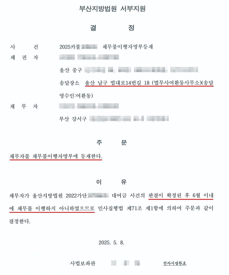 결정. 부산지방법원 서부지원. 사건 2025카불 채무불이행자명부등재, 채권자(울산 중구), 송달장소 울산 남구 법대로14번길 18 (법무사여환동사무소)(빨간 밑줄), 채무자(부산 강서구). 주문 — 채무자를 채무불이행자명부에 등재한다(빨간 밑줄). 이유 — 채무자가 울산지방법원 2022가단 대여금 사건의 판결이 확정된 후 6월 이내에 채무를 이행하지 아니하였으므로(빨간 밑줄) 민사집행법 제71조 제1항에 의하여 주문과 같이 결정한다. 2025. 5. 8. 사법보좌관. 채권자·채무자의 이름과 주민등록번호, 회사 이름과 대표자, 주소 가운데 구·군 뒤의 자리, 사건번호의 숫자, 사법보좌관 이름, 큐알코드는 가렸다.