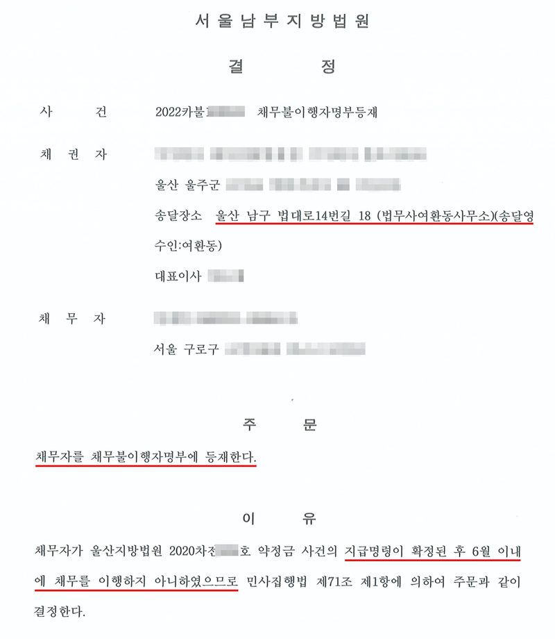 결정. 서울남부지방법원. 사건 2022카불 채무불이행자명부등재, 채권자 주식회사(울산 울주군), 송달장소 울산 남구 법대로14번길 18 (법무사여환동사무소)(빨간 밑줄), 대표이사, 채무자(서울 구로구). 주문 — 채무자를 채무불이행자명부에 등재한다(빨간 밑줄). 이유 — 채무자가 울산지방법원 2020차전 약정금 사건의 지급명령이 확정된 후 6월 이내에 채무를 이행하지 아니하였으므로(빨간 밑줄) 민사집행법 제71조 제1항에 의하여 주문과 같이 결정한다. 채권자·채무자의 이름과 주민등록번호, 회사 이름과 대표자, 주소 가운데 구·군 뒤의 자리, 사건번호의 숫자, 사법보좌관 이름, 큐알코드는 가렸다.