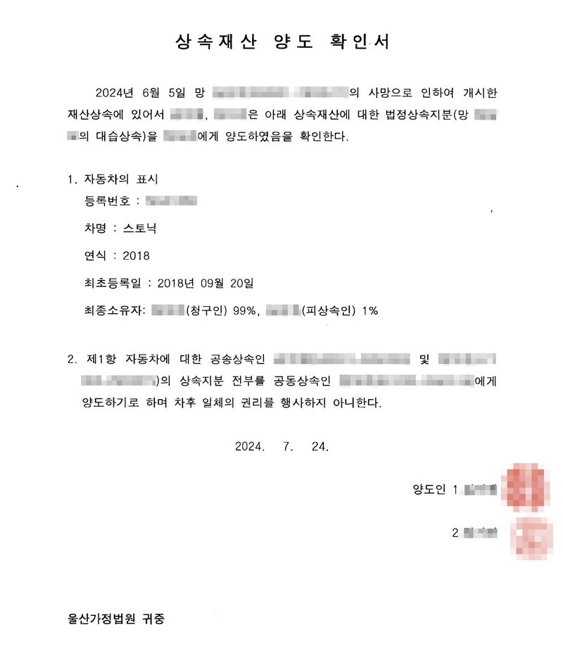 상속재산 양도 확인서. 2024년 6월 5일 망인의 사망으로 인하여 개시한 재산상속에 있어서 대습상속인 2명은 아래 상속재산에 대한 법정상속지분(망 ○○○의 대습상속)을 청구인에게 양도하였음을 확인한다. 1. 자동차의 표시 — 차명 스토닉, 연식 2018, 최초등록일 2018년 09월 20일, 최종소유자 청구인 99%, 피상속인 1%. 2. 제1항 자동차에 대한 공동상속인들의 상속지분 전부를 청구인에게 양도하기로 하며 차후 일체의 권리를 행사하지 아니한다. 2024. 7. 24. 양도인 1·2(날인), 울산가정법원 귀중. 이름·주민등록번호, 자동차 등록번호, 인장은 가렸다.