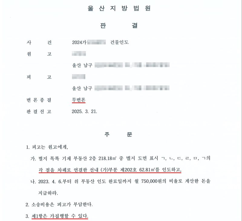 울산지방법원 판결 첫 쪽. 사건 2024가단(번호 가림) 건물인도. 원고(이름 가림) 울산 남구(나머지 주소 가림), 피고(이름 가림) 울산 남구(나머지 주소 가림). 변론종결 무변론(빨간 밑줄). 판결선고 2025. 3. 21. 주문 1. 피고는 원고에게, 가. 별지 목록 기재 부동산 2층 218.18㎡ 중 별지 도면 표시 ㄱ, ㄴ, ㄷ, ㄹ, ㅁ, ㄱ의 각 점을 차례로 연결한 선내 (가)부분 제202호 62.81㎡를 인도하고(빨간 밑줄), 나. 2023. 4. 6.부터 위 부동산 인도 완료일까지 월 750,000원의 비율로 계산한 돈을 지급하라. 2. 소송비용은 피고가 부담한다. 3. 제1항은 가집행할 수 있다(빨간 밑줄).