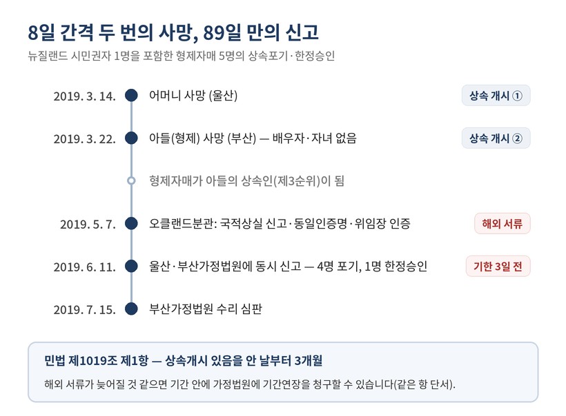 뉴질랜드 시민권자 사건 흐름 — 2019년 3월 14일 어머니 사망, 3월 22일 아들 사망, 5월 7일 오클랜드분관 서류 인증, 6월 11일 울산·부산가정법원 동시 신고, 7월 15일 부산가정법원 수리