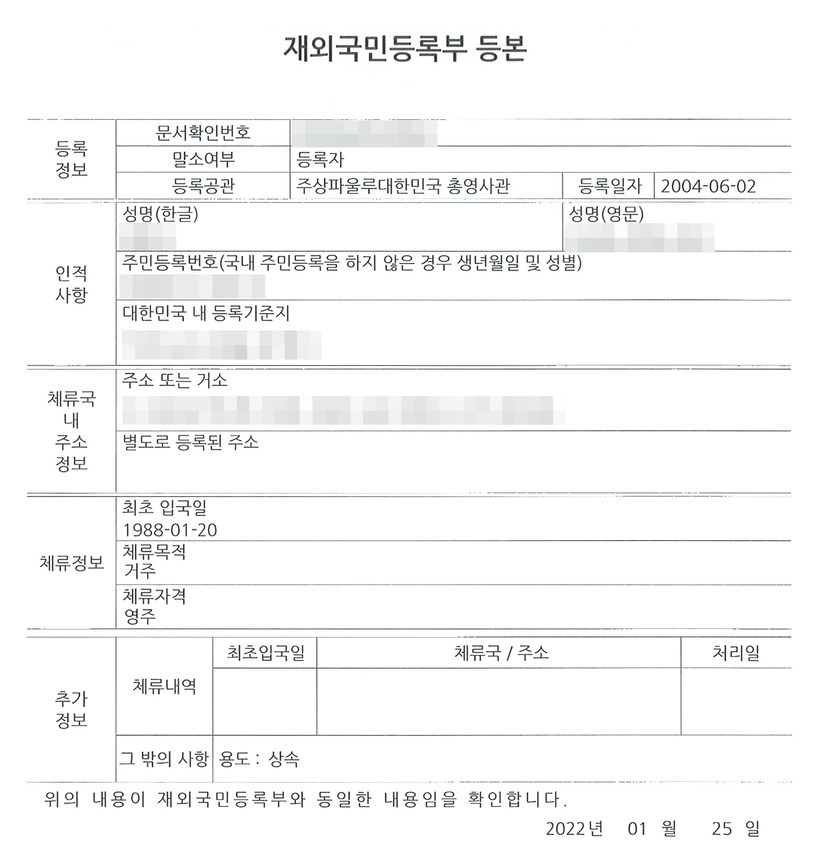 재외국민등록부 등본 — 등록공관 주상파울루대한민국총영사관, 최초 입국일 1988년 1월 20일, 체류목적 거주, 체류자격 영주, 용도 상속