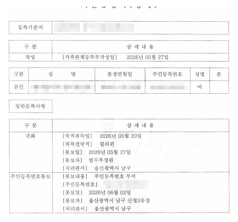기본증명서(상세) — 일반등록사항 귀화, 국적취득일 2026년 5월 20일, 취득전국적 필리핀, 주민등록번호 부여 통보일 2026년 6월 2일