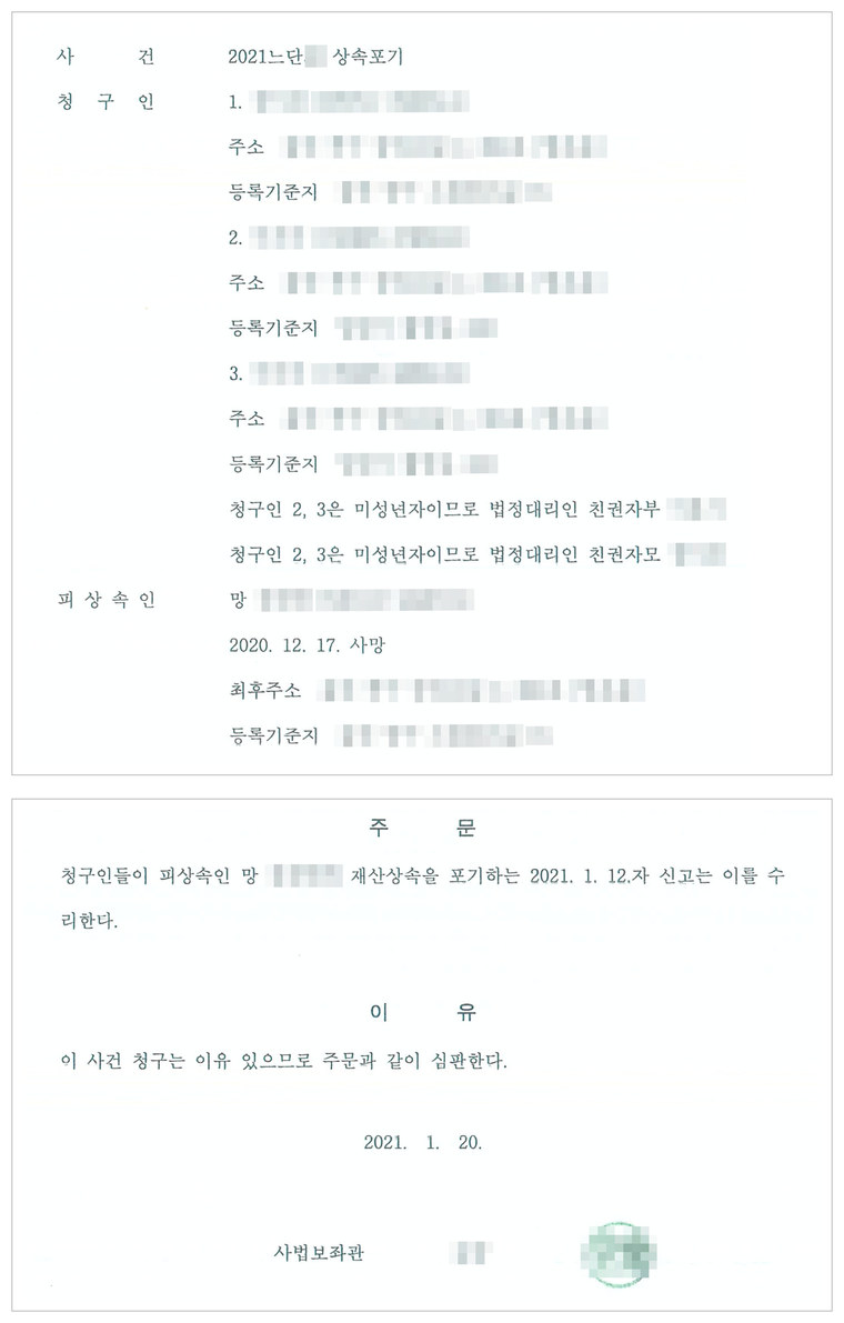 울산가정법원 상속포기 심판 — 자녀 1명과 미성년 손자녀 2명, 친권자 부모가 법정대리, 2021. 1. 12.자 상속포기 신고 수리(2021. 1. 20.)