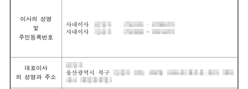 설립등기신청서의 등기할 사항 가운데 이사의 성명 및 주민등록번호 — 사내이사 2명, 대표이사의 성명과 주소 — 울산광역시 북구. 회사 이름, 발기인·이사 이름과 주민등록번호, 본점과 대표이사 주소 가운데 읍·구 뒤의 자리는 가렸다.