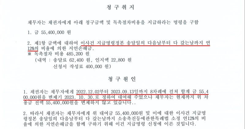 지급명령 별지. 청구취지 — 채무자는 채권자에게 아래 청구금액 및 독촉절차비용을 지급하라는 명령을 구함. 1. 금 55,400,000원 2. 제1항 금액에 대하여 이사건 지급명령정본 송달일의 다음날부터 다 갚는날까지 연 12%의 비율에 의한 지연손해금(빨간 밑줄). 독촉절차 비용 485,200원(송달료 62,400원, 인지액 22,800원, 신청서 작성료 400,000원). 청구원인 — 1. 채권자는 채무자에게 2022.12.02부터 2023.09.13일까지 8차례에 걸쳐 합계 금 55,400,000원을 변제기 2023. 10. 30.로 정하여 대여해 주었으나(빨간 밑줄) 채무자는 현재까지 위 차용금 전액을 변제하지 않고 있습니다. 2. 따라서 채권자는 채무자에게 위 대여금 55,400,000원 및 이에 대한 이사건 지급명령정본 송달일의 다음날부터 다 갚는날까지 소송촉진등에관한특례법 소정 연12%의 비율에 의한 지연손해금을 함께 구하기 위해 이건 지급명령 신청에 이른 것입니다. 진위확인 바코드와 발급번호는 가렸다.