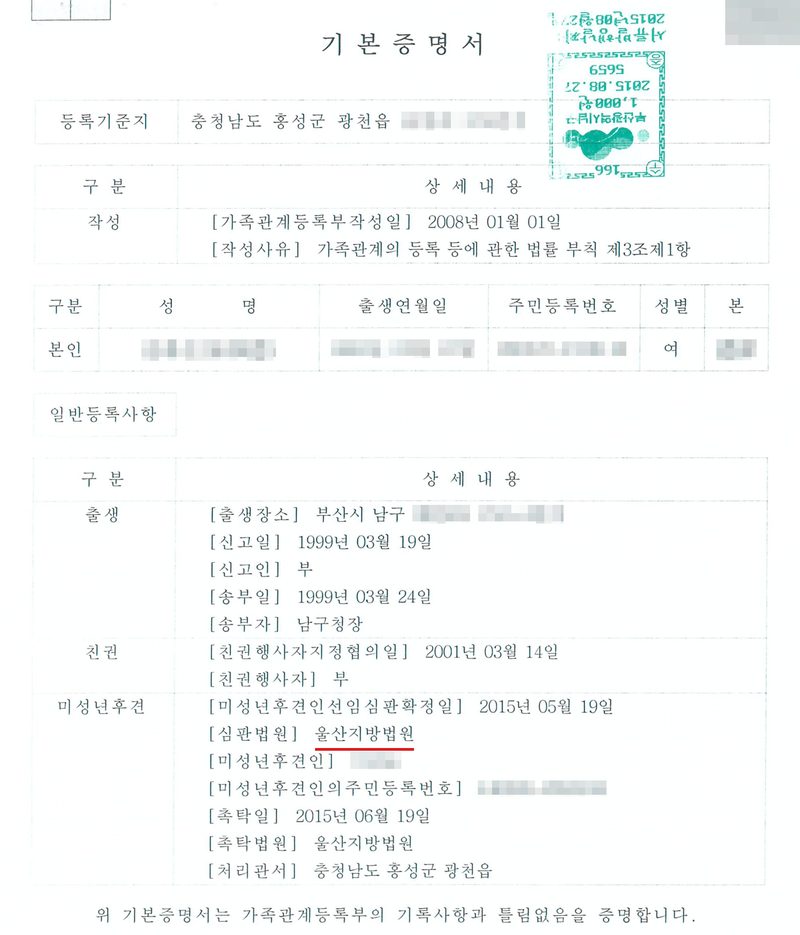 기본증명서. 등록기준지 충청남도 홍성군 광천읍(뒷자리 가림). 본인 성명·출생연월일·주민등록번호·본(가림), 성별 여. 일반등록사항 — 출생 [출생장소] 부산시 남구(뒷자리 가림) [신고일] 1999년 03월 19일 [신고인] 부. 친권 [친권행사자지정협의일] 2001년 03월 14일 [친권행사자] 부. 미성년후견 [미성년후견인선임심판확정일] 2015년 05월 19일 [심판법원] 울산지방법원(빨간 밑줄) [미성년후견인](이름 가림) [미성년후견인의주민등록번호](가림) [촉탁일] 2015년 06월 19일 [촉탁법원] 울산지방법원 [처리관서] 충청남도 홍성군 광천읍. 오른쪽 위 수입증지, QR코드는 가렸다.