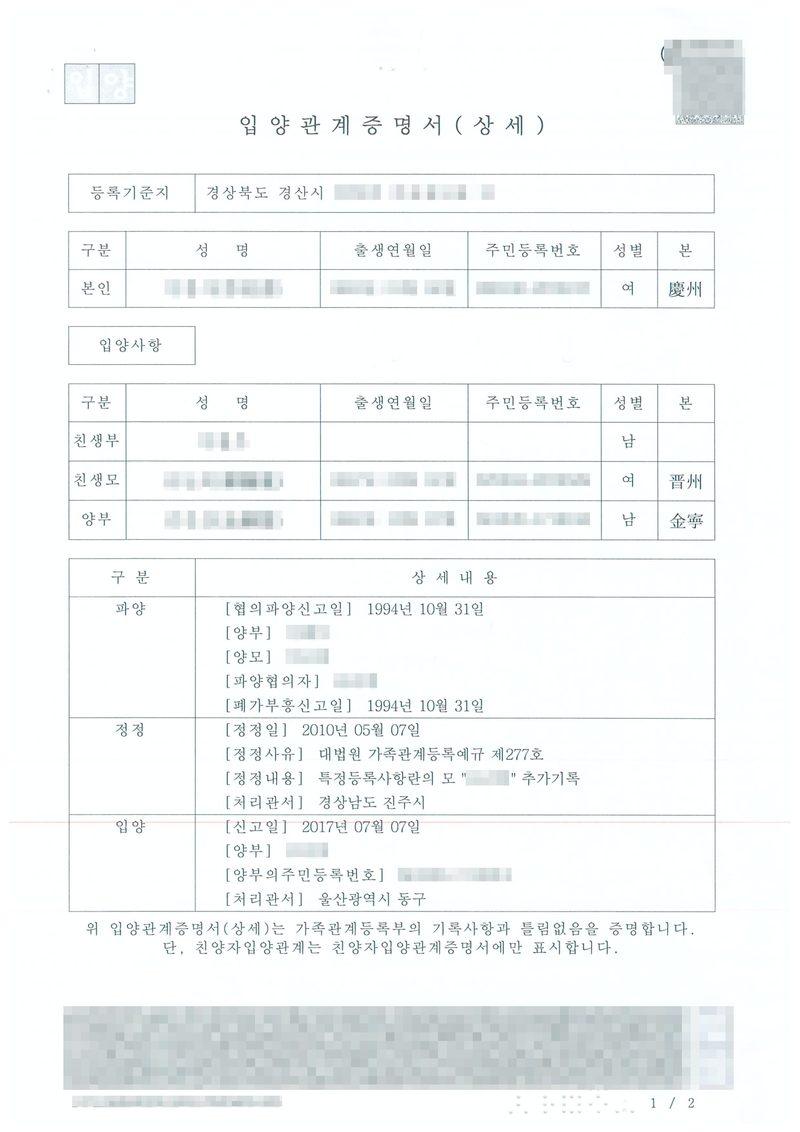입양관계증명서(상세). 등록기준지 경상북도 경산시. 본인 — 성별 여, 본 慶州. 입양사항 — 친생부(남), 친생모(여, 본 晋州), 양부(남, 본 金寧). 상세내용 — 파양: 협의파양신고일 1994년 10월 31일, 양부, 양모, 파양협의자, 폐가부흥신고일 1994년 10월 31일. 정정: 정정일 2010년 05월 07일, 대법원 가족관계등록예규 제277호, 특정등록사항란의 모 추가기록, 처리관서 경상남도 진주시. 입양: 신고일 2017년 07월 07일, 양부, 양부의 주민등록번호, 처리관서 울산광역시 동구. 단, 친양자입양관계는 친양자입양관계증명서에만 표시합니다. 이름·출생연월일·주민등록번호, 등록기준지 뒷자리, 발급번호와 바코드는 가렸다.