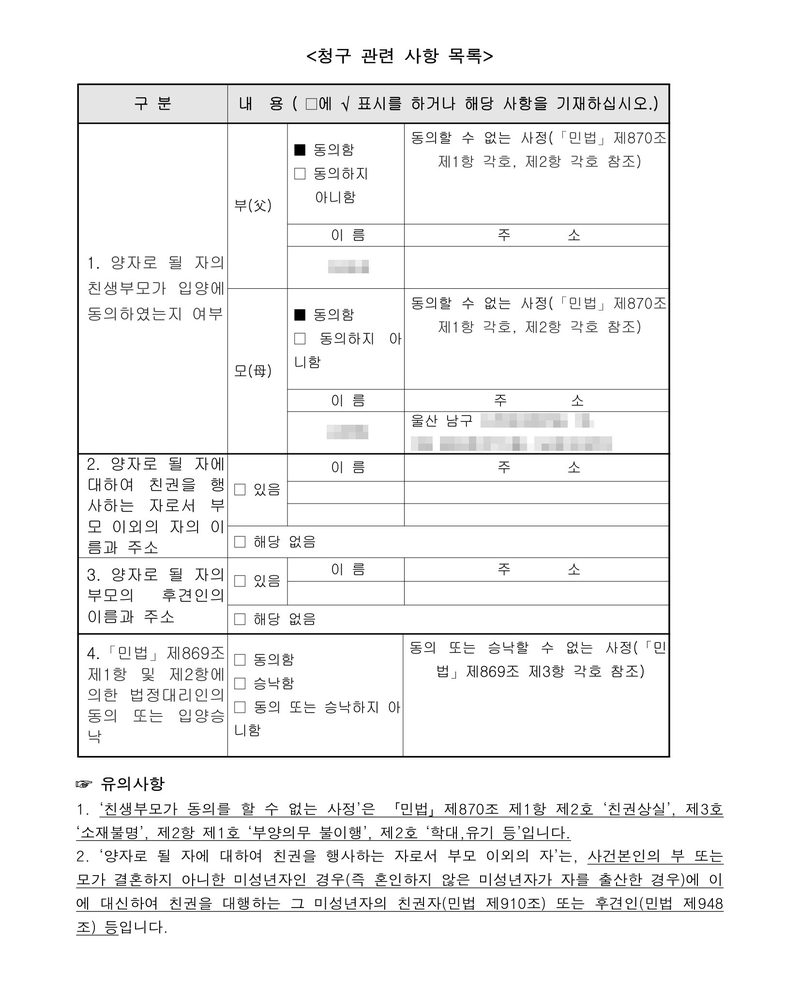 청구 관련 사항 목록. 1. 양자로 될 자의 친생부모가 입양에 동의하였는지 여부 — 부(父) 동의함, 모(母) 동의함, 각 이름과 주소(울산 남구). 동의할 수 없는 사정은 민법 제870조 제1항 각 호, 제2항 각 호 참조. 2. 양자로 될 자에 대하여 친권을 행사하는 자로서 부모 이외의 자의 이름과 주소 — 있음/해당 없음. 3. 양자로 될 자의 부모의 후견인 — 있음/해당 없음. 4. 민법 제869조 제1항 및 제2항에 의한 법정대리인의 동의 또는 입양승낙. 유의사항 — 친생부모가 동의를 할 수 없는 사정은 민법 제870조 제1항 제2호 친권상실, 제3호 소재불명, 제2항 제1호 부양의무 불이행, 제2호 학대·유기 등. 이름과 주소 뒷자리는 가렸다.