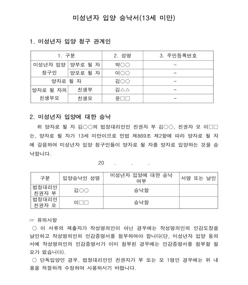 미성년자 입양 승낙서(13세 미만) 서식. 1. 미성년자 입양 청구 관계인 — 양부로 될 자 박○○, 양모로 될 자 이○○, 양자로 될 자 김○○, 친생부 김△△, 친생모 윤□□. 2. 미성년자 입양에 대한 승낙 — 위 양자로 될 자 김○○의 법정대리인인 친권자 부 김○○, 친권자 모 이□□는, 양자로 될 자가 13세 미만이므로 민법 제869조 제2항에 따라 양자로 될 자에 갈음하여 미성년자 입양 청구인들이 양자로 될 자를 양자로 입양하는 것을 승낙합니다. 표 — 법정대리인 친권자 부·모 승낙함. 유의사항 — 제출자가 작성명의인이 아니면 인감도장 날인과 인감증명서 첨부, 단독입양이면 내용을 적절하게 수정.