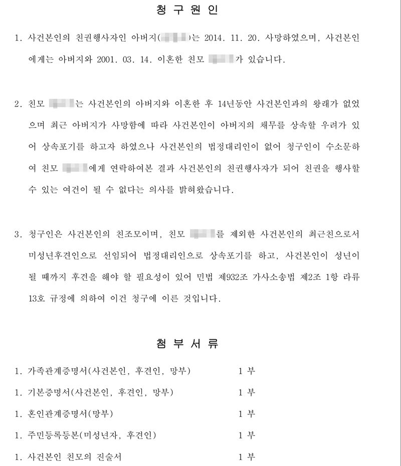 청구원인. 1. 사건본인의 친권행사자인 아버지(이름 가림)는 2014. 11. 20. 사망하였으며, 사건본인에게는 아버지와 2001. 03. 14. 이혼한 친모(이름 가림)가 있습니다. 2. 친모는 사건본인의 아버지와 이혼한 후 14년동안 사건본인과의 왕래가 없었으며 최근 아버지가 사망함에 따라 사건본인이 아버지의 채무를 상속할 우려가 있어 상속포기를 하고자 하였으나 사건본인의 법정대리인이 없어 청구인이 수소문하여 친모에게 연락하여본 결과 사건본인의 친권행사자가 되어 친권을 행사할 수 있는 여건이 될 수 없다는 의사를 밝혀왔습니다. 3. 청구인은 사건본인의 친조모이며, 친모를 제외한 사건본인의 최근친으로서 미성년후견인으로 선임되어 법정대리인으로 상속포기를 하고, 사건본인이 성년이 될 때까지 후견을 해야 할 필요성이 있어 민법 제932조 가사소송법 제2조 1항 라류 13호 규정에 의하여 이건 청구에 이른 것입니다. 첨부서류 — 가족관계증명서(사건본인, 후견인, 망부), 기본증명서(사건본인, 후견인, 망부), 혼인관계증명서(망부), 주민등록등본(미성년자, 후견인), 사건본인 친모의 진술서 각 1부.