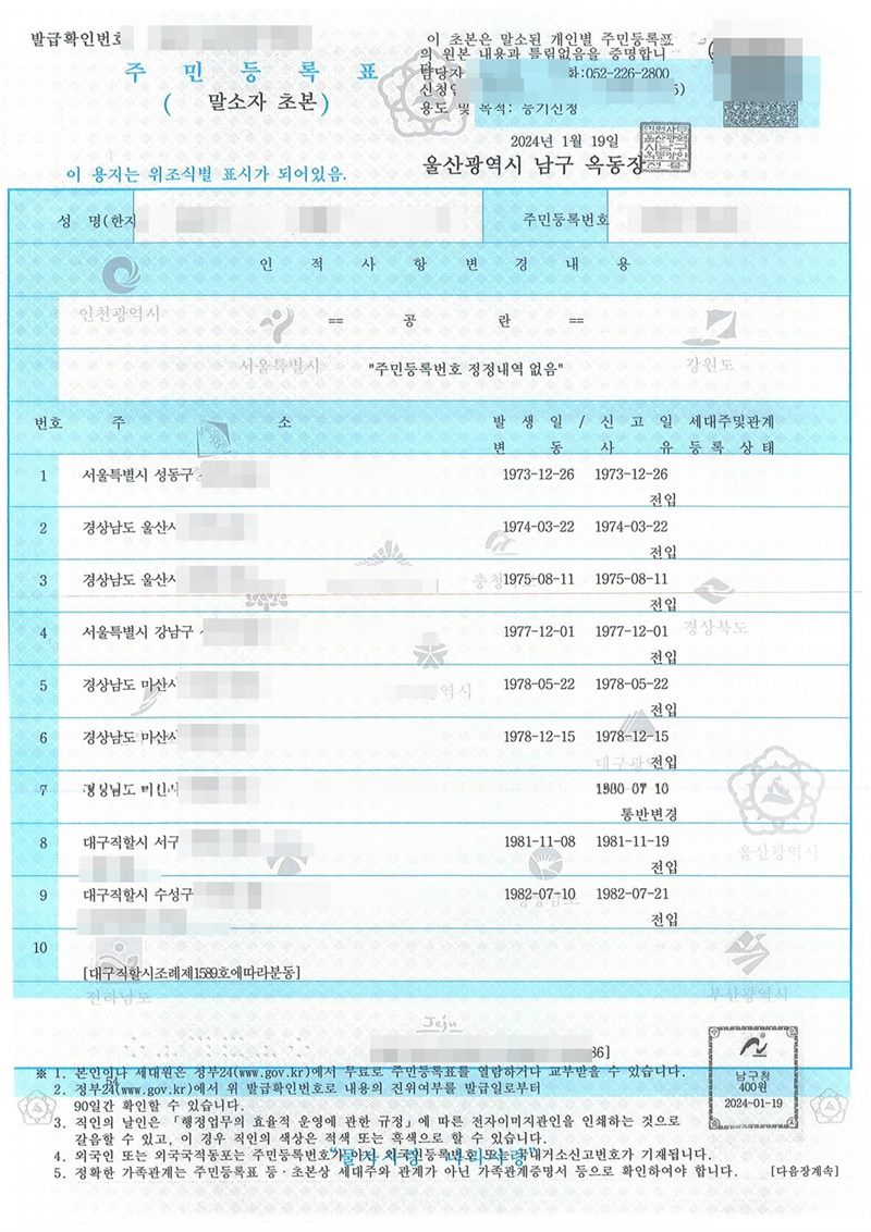 주민등록표(말소자 초본). 울산광역시 남구 옥동장 발급, 용도 등기신청. 주소 변동 내역 — 1973년부터 서울 성동구, 경남 울산시, 서울 강남구, 경남 마산시, 대구 서구·수성구로 이어지는 주소가 번호와 발생일·신고일, 전입·통반변경과 함께 줄줄이 적혀 있다. 소유자·대리인 이름과 주민등록번호, 주소 가운데 시·구·군 뒤의 자리, 부동산 고유번호와 지번, 전자표준양식 번호·바코드·QR, 납부번호, 담당 공무원 이름, 초본 발급번호·신청인·거소신고번호는 가렸다.