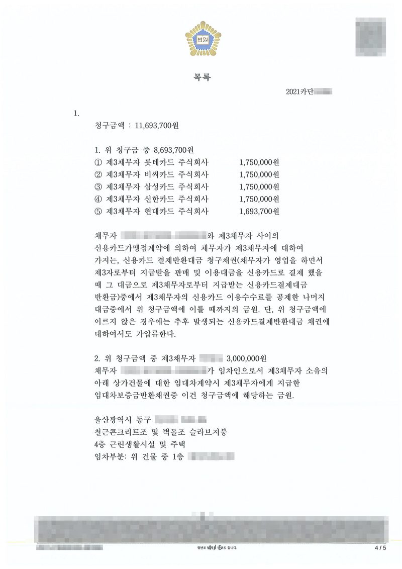 채권가압류 결정 별지 목록. 청구금액 11,693,700원. 1. 위 청구금 중 8,693,700원 — 제3채무자 롯데카드 주식회사 1,750,000원, 비씨카드 주식회사 1,750,000원, 삼성카드 주식회사 1,750,000원, 신한카드 주식회사 1,750,000원, 현대카드 주식회사 1,693,700원. 채무자와 제3채무자 사이의 신용카드가맹점계약에 의하여 채무자가 가지는 신용카드 결제반환대금 청구채권 중 이용수수료를 공제한 나머지 대금 중 청구금액에 이를 때까지, 추후 발생하는 결제반환대금 채권도 가압류한다. 2. 위 청구금액 중 3,000,000원 — 채무자가 임차인으로서 제3채무자 소유의 상가건물(울산광역시 동구, 4층 근린생활시설 및 주택 중 1층)에 대한 임대차보증금반환채권. 채무자·제3채무자(거래처) 이름과 주민·법인등록번호, 주소 가운데 시·구 뒤의 자리, 사건번호 숫자, QR코드·발급번호·위변조 방지 바코드는 가렸다. 은행·카드회사·공공기관 이름은 그대로 두었다.