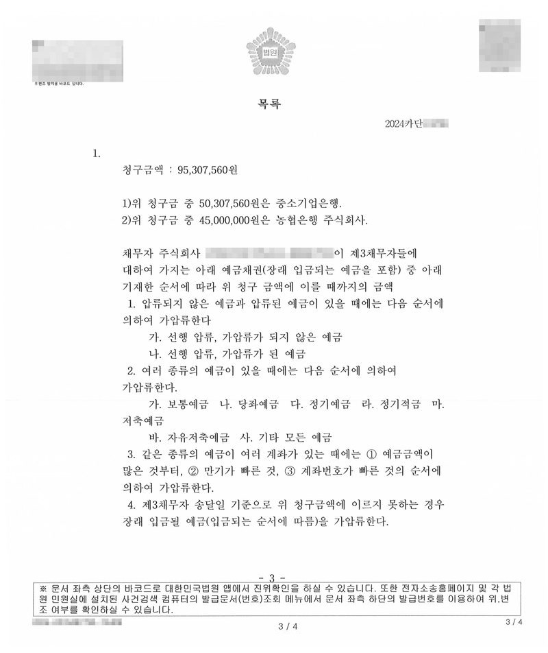 채권가압류 결정 별지 목록. 청구금액 95,307,560원. 1) 위 청구금 중 50,307,560원은 중소기업은행, 2) 위 청구금 중 45,000,000원은 농협은행 주식회사. 채무자 주식회사가 제3채무자들에 대하여 가지는 예금채권(장래 입금되는 예금을 포함) 중 아래 순서에 따라 위 청구금액에 이를 때까지의 금액. 1. 압류되지 않은 예금과 압류된 예금이 있을 때 — 선행 압류·가압류가 되지 않은 예금부터. 2. 여러 종류의 예금이 있을 때 — 보통예금, 당좌예금, 정기예금, 정기적금, 저축예금, 자유저축예금, 기타 모든 예금 순. 3. 같은 종류의 예금이 여러 계좌일 때 — 예금금액이 많은 것, 만기가 빠른 것, 계좌번호가 빠른 것 순. 4. 송달일 기준으로 청구금액에 이르지 못하면 장래 입금될 예금을 가압류한다. 채무자·제3채무자(거래처) 이름과 주민·법인등록번호, 주소 가운데 시·구 뒤의 자리, 사건번호 숫자, QR코드·발급번호·위변조 방지 바코드는 가렸다. 은행·카드회사·공공기관 이름은 그대로 두었다.
