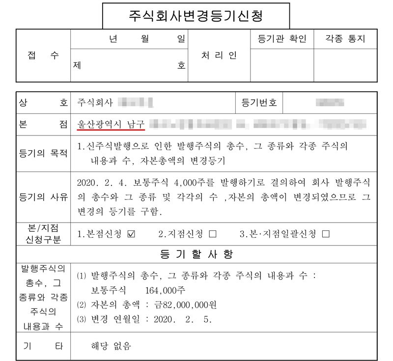 주식회사변경등기신청서 앞장. 등기의 목적 — 신주식발행으로 인한 발행주식의 총수, 그 종류와 각종 주식의 내용과 수, 자본총액의 변경등기. 등기의 사유 — 2020. 2. 4. 보통주식 4,000주를 발행하기로 결의. 등기할 사항 — 발행주식의 총수 보통주식 164,000주, 자본의 총액 금82,000,000원, 변경 연월일 2020. 2. 5. 본점 울산광역시 남구에 빨간 밑줄. 회사 이름과 등기번호, 주주·대표이사·인수인 이름, 본점과 주소 가운데 시·구 뒤의 자리는 가렸다.