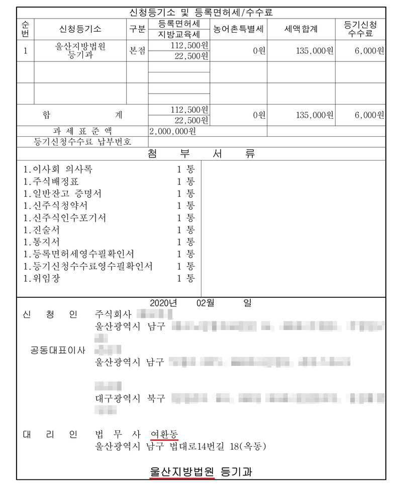 등기신청서의 신청등기소 및 등록면허세/수수료 칸. 울산지방법원 등기과 본점, 등록면허세 112,500원, 지방교육세 22,500원, 세액합계 135,000원, 등기신청수수료 6,000원, 과세표준액 2,000,000원. 첨부서류 이사회 의사록·주식배정표·일반잔고 증명서·신주식청약서·신주식인수포기서·진술서·통지서·등록면허세영수필확인서·등기신청수수료영수필확인서·위임장. 대리인 법무사 여환동과 울산지방법원에 빨간 밑줄. 회사 이름과 등기번호, 주주·대표이사·인수인 이름, 본점과 주소 가운데 시·구 뒤의 자리는 가렸다.