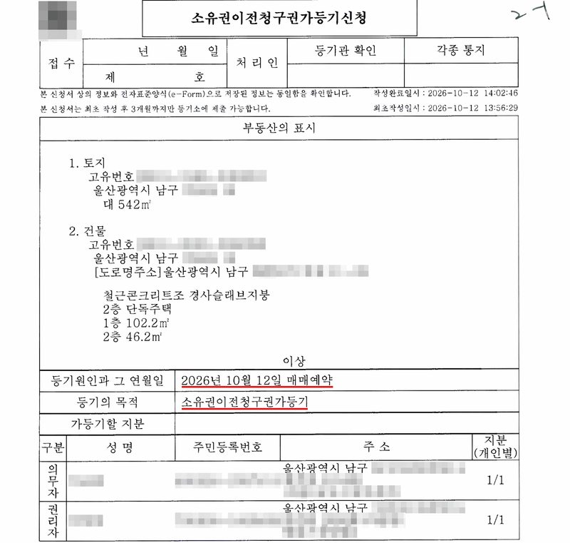 소유권이전청구권가등기신청. 부동산의 표시 — 1. 토지 고유번호, 울산광역시 남구, 대 542㎡ 2. 건물 고유번호, 울산광역시 남구, 도로명주소 울산광역시 남구, 철근콘크리트조 경사슬래브지붕 2층 단독주택 1층 102.2㎡ 2층 46.2㎡. 등기원인과 그 연월일 — 2026년 10월 12일 매매예약(빨간 밑줄). 등기의 목적 — 소유권이전청구권가등기(빨간 밑줄). 의무자와 권리자의 성명, 주민등록번호, 주소(울산광역시 남구), 지분 1/1. 작성완료일시 2026-10-12 14:02. 이름과 주민등록번호, 주소와 지번·도로명, 고유번호, 전자표준양식 번호와 바코드·큐알코드는 가렸다.