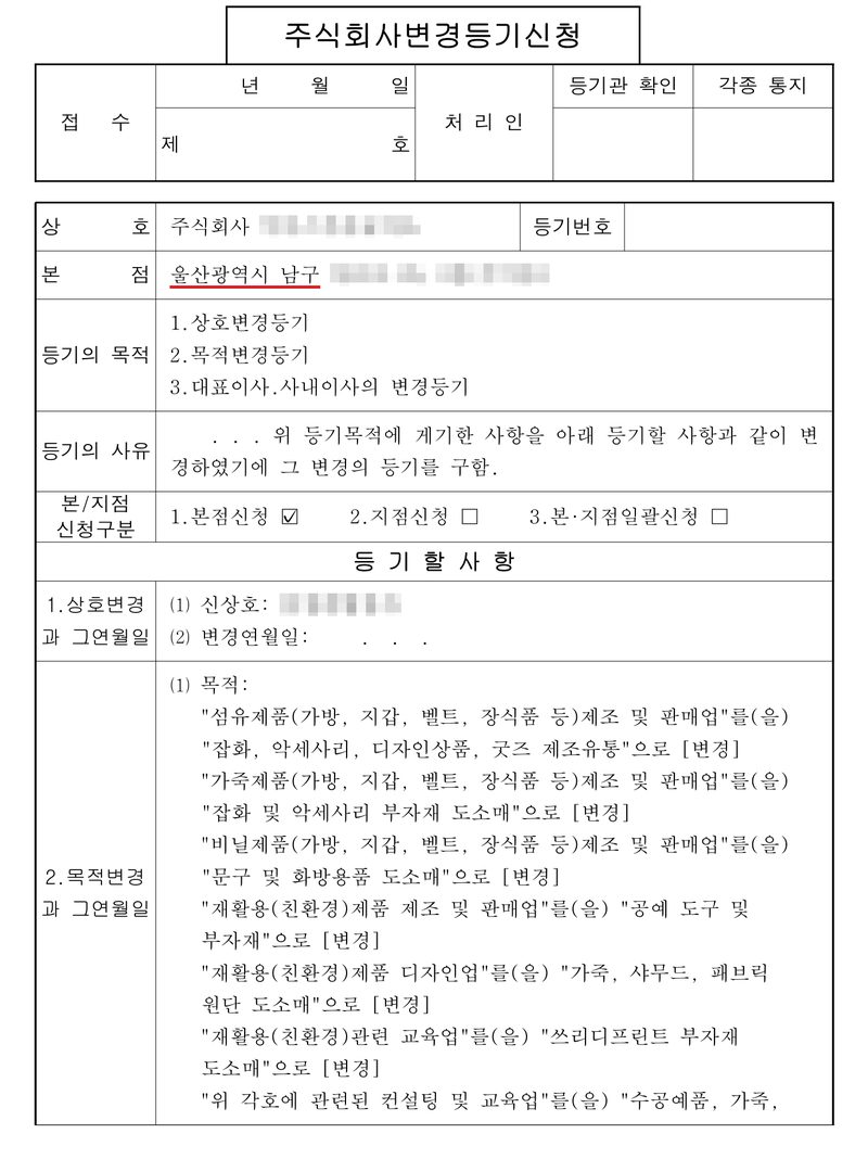 주식회사변경등기신청서. 등기의 목적 1. 상호변경등기 2. 목적변경등기 3. 대표이사·사내이사의 변경등기, 본점신청. 등기할 사항 — 상호변경과 그 연월일(신상호), 목적변경과 그 연월일 — "섬유제품(가방, 지갑, 벨트, 장식품 등)제조 및 판매업"을 "잡화, 악세사리, 디자인상품, 굿즈 제조유통"으로 [변경] 등 옛 목적마다 새 목적으로 [변경]. 본점 울산광역시 남구에 빨간 밑줄. 회사 이름과 대표이사 이름, 본점 주소 가운데 구 뒤의 자리는 가렸다.