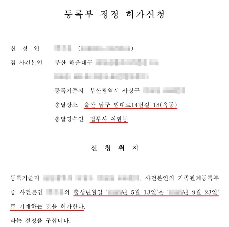 등록부 정정 허가신청. 신청인 겸 사건본인, 주소 부산 해운대구, 등록기준지 부산광역시 사상구, 송달장소 울산 남구 법대로14번길 18(옥동)·송달영수인 법무사 여환동(빨간 밑줄). 신청취지 — 사건본인의 가족관계등록부 중 사건본인의 출생년월일 「5월 13일」을 「9월 23일」로 기재하는 것을 허가한다(빨간 밑줄). 라는 결정을 구합니다. 사건본인과 부모의 이름, 주민등록번호, 주소와 등록기준지 뒷부분, 일본 출생지, 출생 연도는 가렸다.