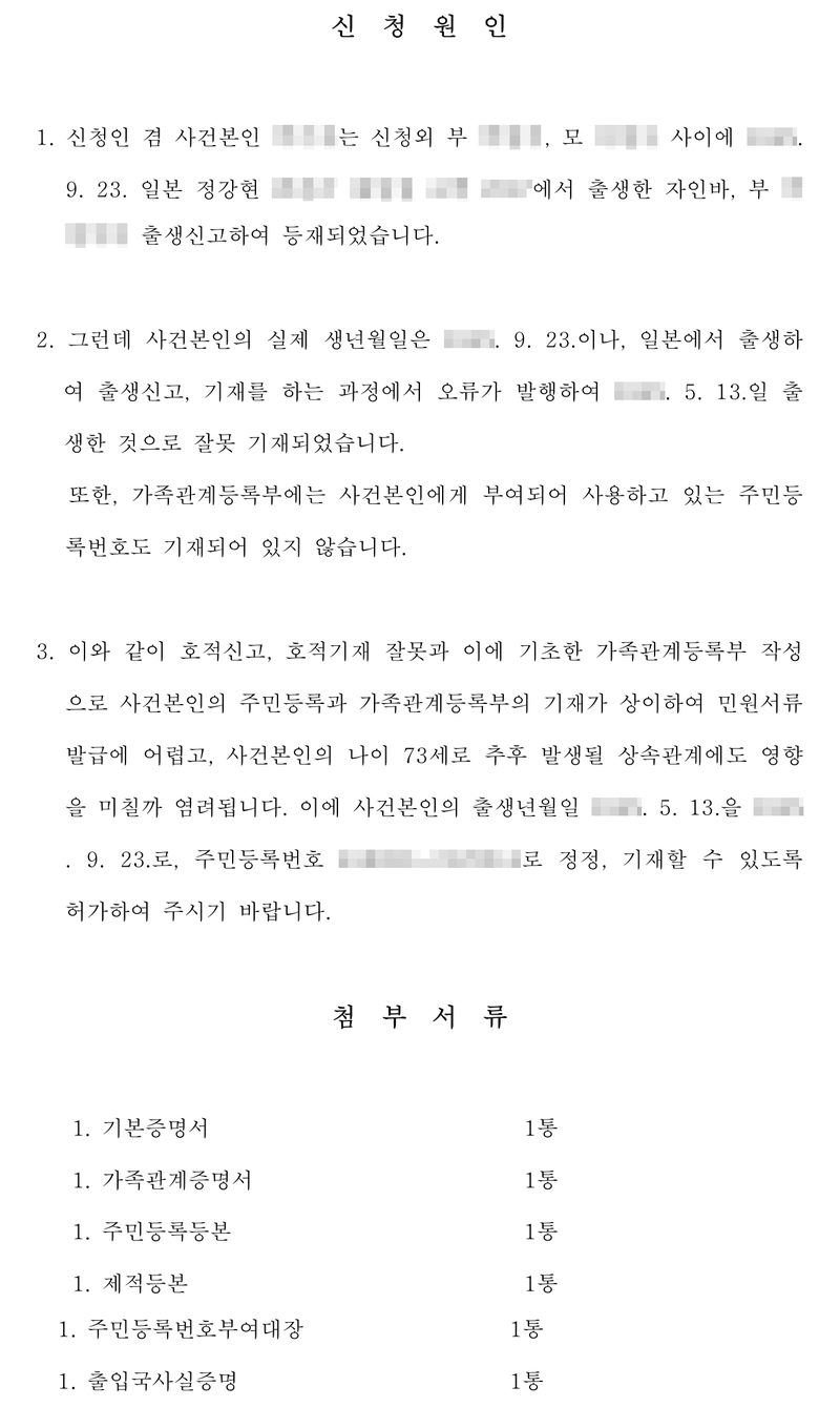 신청원인 — 1. 사건본인은 일본에서 출생하였고 부가 출생신고하여 등재되었습니다. 2. 실제 생년월일은 9. 23.이나 일본에서 출생하여 출생신고·기재 과정에서 오류가 발생하여 5. 13. 출생한 것으로 잘못 기재되었습니다. 또한 가족관계등록부에는 사건본인에게 부여되어 사용하고 있는 주민등록번호도 기재되어 있지 않습니다. 3. 주민등록과 가족관계등록부의 기재가 달라 민원서류 발급이 어렵고, 나이 73세로 추후 상속관계에도 영향을 미칠까 염려되어 출생년월일과 주민등록번호를 정정·기재할 수 있도록 허가를 구합니다. 첨부서류 — 기본증명서, 가족관계증명서, 주민등록등본, 제적등본, 주민등록번호부여대장, 출입국사실증명. 사건본인과 부모의 이름, 주민등록번호, 주소와 등록기준지 뒷부분, 일본 출생지, 출생 연도는 가렸다.