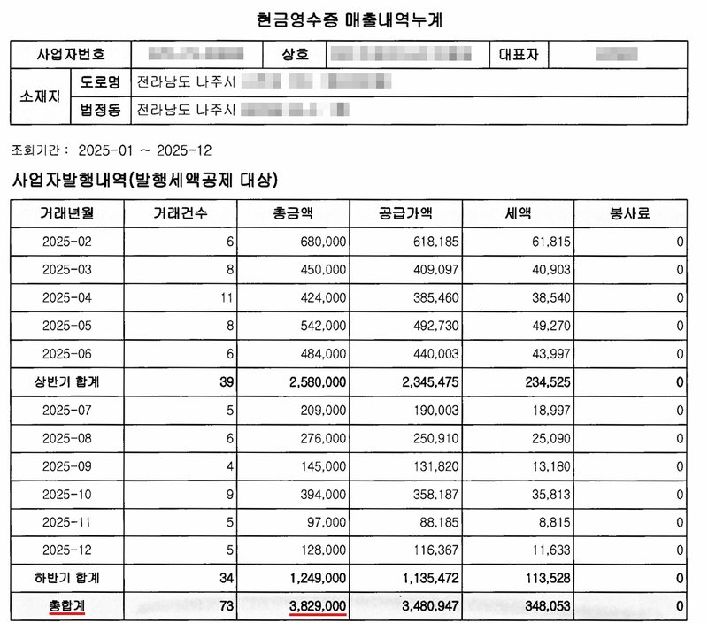 국세청 현금영수증 매출내역누계. 사업자번호·상호·대표자 이름·소재지(나주시 아래) 가림. 조회기간 2025-01 ~ 2025-12, 사업자발행내역(발행세액공제 대상). 거래년월별 거래건수·총금액·공급가액·세액·봉사료와 상반기 합계, 하반기 합계, 총합계.