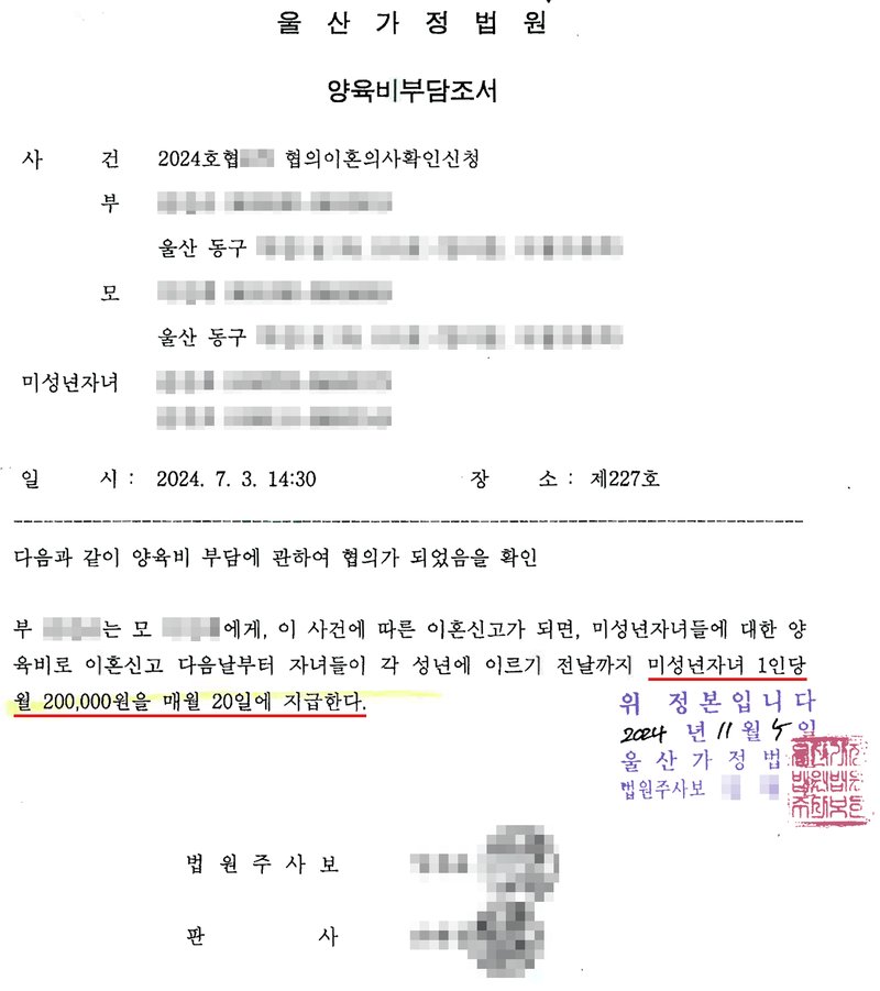 가정법원 양육비부담조서. 사건번호 뒷자리·부모와 미성년 자녀의 이름과 주민등록번호·주소(구 아래)·법원주사보와 판사 이름과 도장 가림, 법원 직인은 둠. 협의이혼의사확인신청 사건, 다음과 같이 양육비 부담에 관하여 협의가 되었음을 확인. 부는 모에게 이혼신고가 되면 미성년자녀들에 대한 양육비로 이혼신고 다음날부터 자녀들이 각 성년에 이르기 전날까지 미성년자녀 1인당 매월 정해진 금액을 매월 20일에 지급한다. 위 정본입니다.