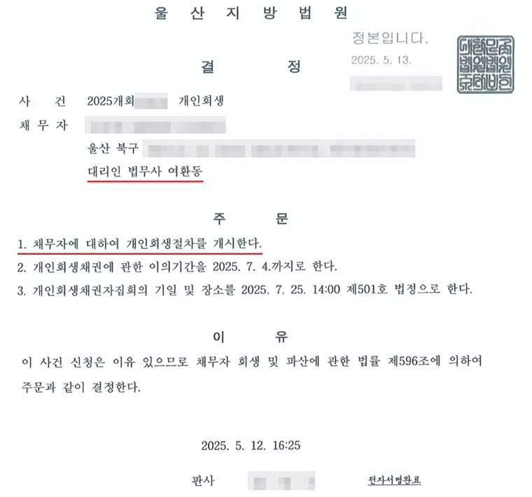 울산지방법원이 낸 개인회생절차 개시결정문. 채무자 주소는 울산 북구, 대리인은 법무사 여환동. 주문은 1. 채무자에 대하여 개인회생절차를 개시한다, 2. 개인회생채권에 관한 이의기간을 정한 날까지로 한다, 3. 개인회생채권자집회의 기일과 장소를 정한 날짜·시각과 법정으로 한다는 세 가지. 이유는 이 사건 신청은 이유 있으므로 채무자 회생 및 파산에 관한 법률 제596조에 의하여 주문과 같이 결정한다는 내용. 채무자 이름·주민등록번호·상세 주소, 사건번호 뒷자리, 판사와 법원주사보 이름은 가렸다.