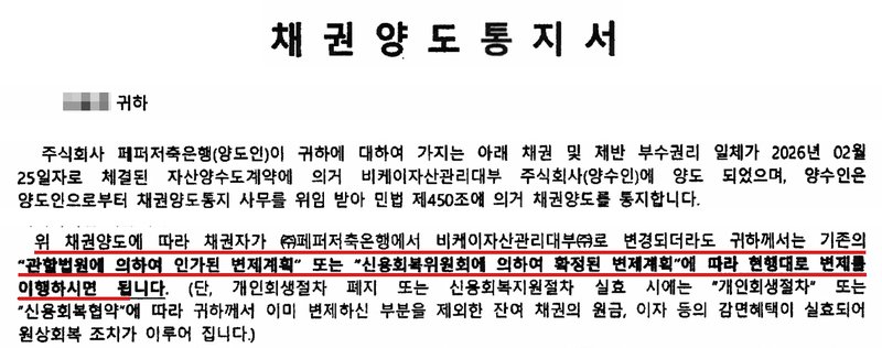 저축은행 채권을 산 대부업체가 채무자에게 보낸 채권양도통지서. 저축은행(양도인)이 귀하에 대하여 가지는 채권과 부수권리 일체가 2026년 02월 25일자 자산양수도계약에 의거 대부업체(양수인)에 양도되었으며, 양수인은 양도인으로부터 채권양도통지 사무를 위임받아 민법 제450조에 의거 채권양도를 통지합니다. 위 채권양도에 따라 채권자가 변경되더라도 귀하께서는 기존의 관할법원에 의하여 인가된 변제계획 또는 신용회복위원회에 의하여 확정된 변제계획에 따라 현행대로 변제를 이행하시면 됩니다. 단, 개인회생절차 폐지 또는 신용회복지원절차 실효 시에는 이미 변제하신 부분을 제외한 잔여 채권의 원금, 이자 등의 감면혜택이 실효되어 원상회복 조치가 이루어집니다. 받는 사람 이름은 가렸고, 중간의 신용정보 문단과 채권 금액 표는 잘라 냈다.