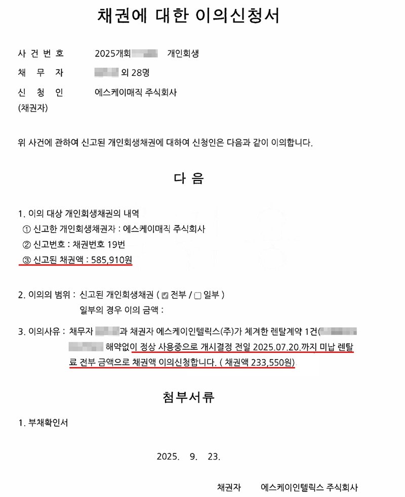 채권에 대한 이의신청서. 사건번호 2025개회(번호 가림) 개인회생, 채무자(이름 가림) 외 28명, 신청인(채권자) 에스케이매직 주식회사. 위 사건에 관하여 신고된 개인회생채권에 대하여 신청인은 다음과 같이 이의합니다. 1. 이의 대상 개인회생채권의 내역: ① 신고한 개인회생채권자 에스케이매직 주식회사 ② 신고번호 채권번호 19번 ③ 신고된 채권액 585,910원. 2. 이의의 범위: 신고된 개인회생채권 전부. 3. 이의사유: 채무자(이름 가림)과 채권자 에스케이인텔릭스(주)가 체결한 렌탈계약 1건(번호 가림) 해약없이 정상 사용중으로 개시결정 전일 2025.07.20.까지 미납 렌탈료 전부 금액으로 채권액 이의신청합니다(채권액 233,550원). 첨부서류 1. 부채확인서. 2025. 9. 23. 채권자 에스케이인텔릭스 주식회사.