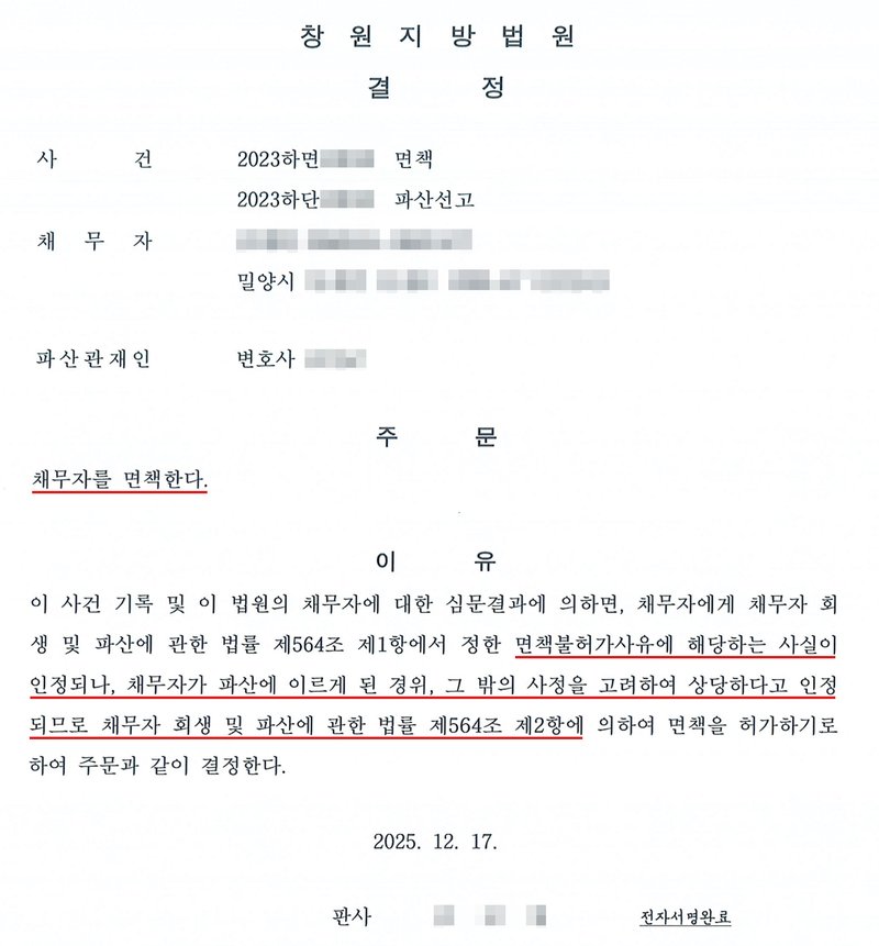창원지방법원의 면책결정. 사건 2023하면 면책, 2023하단 파산선고, 채무자, 밀양시 주소, 파산관재인 변호사. 주문 — 채무자를 면책한다. 이유 — 이 사건 기록 및 이 법원의 채무자에 대한 심문결과에 의하면, 채무자에게 채무자 회생 및 파산에 관한 법률 제564조 제1항에서 정한 면책불허가사유에 해당하는 사실이 인정되나, 채무자가 파산에 이르게 된 경위, 그 밖의 사정을 고려하여 상당하다고 인정되므로 채무자 회생 및 파산에 관한 법률 제564조 제2항에 의하여 면책을 허가하기로 하여 주문과 같이 결정한다. 2025. 12. 17. 판사, 전자서명완료. 사건번호 숫자, 채무자 이름과 주민등록번호, 밀양시 뒤 주소, 파산관재인 이름, 판사 이름은 가렸다.