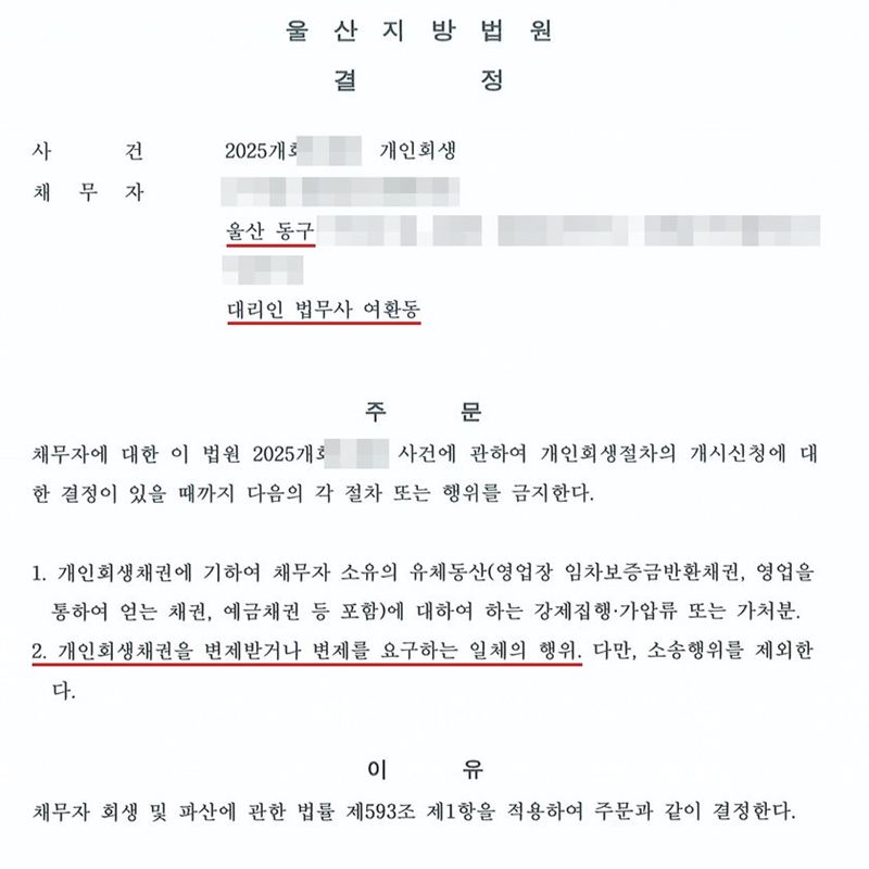 울산지방법원이 개인회생 사건에서 낸 금지명령 결정. 채무자 주소의 시·구는 울산 동구, 대리인 법무사 여환동. 주문은 채무자에 대한 개인회생 사건에 관하여 개인회생절차의 개시신청에 대한 결정이 있을 때까지 다음의 각 절차 또는 행위를 금지한다는 것. 1. 개인회생채권에 기하여 채무자 소유의 유체동산(영업장 임차보증금반환채권, 영업을 통하여 얻는 채권, 예금채권 등 포함)에 대하여 하는 강제집행·가압류 또는 가처분. 2. 개인회생채권을 변제받거나 변제를 요구하는 일체의 행위, 다만 소송행위를 제외한다. 이유는 채무자 회생 및 파산에 관한 법률 제593조 제1항을 적용하여 주문과 같이 결정한다는 것. 사건번호 숫자, 채무자 이름·주민등록번호·상세 주소는 가렸다.