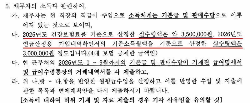 울산지방법원 보정권고 5항. 채무자의 소득과 관련하여, 가. 채무자는 현 직장의 직급이 주임으로 소득체계는 기본급 및 판매수당으로 이루어져 있는 것으로 보이며, 나. 2026년도 건강보험료를 기준으로 산정한 실수령액은 약 3,500,000원, 2026년도 연금산정용 가입내역확인서의 기준소득월액을 기준으로 산정한 실수령액은 3,000,000원 정도입니다(4대 보험 공제한 금액임). 다. 현 근무처의 2026년도 1~9월까지의 기본급 및 판매수당이 기재된 급여명세서 및 급여수령통장의 거래내역서를 각 제출하고, 라. 위 나.항~다.항을 반영한 월평균수입을 산정하고 이를 반영한 수입 및 지출에 관한 목록과 변제계획안을 다시 제출하시기 바랍니다. [소득에 대하여 허위 기재 및 자료 제출의 경우 기각 사유임을 유의할 것]