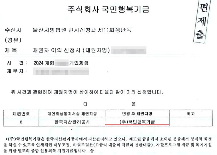 주식회사 국민행복기금이 울산지방법원 개인회생 단독 재판부에 우편으로 낸 채권자 이의 신청서(채권자명). 사건과 채무자를 적고, 위 사건과 관련하여 채권자명이 상이하여 다음과 같이 이의 신청한다는 문장 아래 표에 채권번호 8번, 개인회생통지서상 채권자명 한국자산관리공사, 변경 후 채권자명 주식회사 국민행복기금이라고 적었다. 아래에 국민행복기금은 한국자산관리공사가 자산관리를 하지만 별도의 종합 신용회복 지원기금이라는 설명이 붙어 있다. 사건번호 뒷자리, 채무자 이름·주민등록번호, 고객번호는 가렸다.