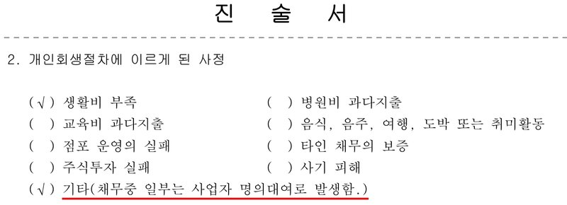 저희 사무소가 위 사건 신청 때 낸 진술서의 「2. 개인회생절차에 이르게 된 사정」 체크란. 생활비 부족에 체크, 그리고 기타(채무중 일부는 사업자 명의대여로 발생함.)에 체크. 병원비 과다지출, 교육비 과다지출, 음식·음주·여행·도박 또는 취미활동, 점포 운영의 실패, 타인 채무의 보증, 주식투자 실패, 사기 피해 칸은 비어 있다. 개인정보는 없다.