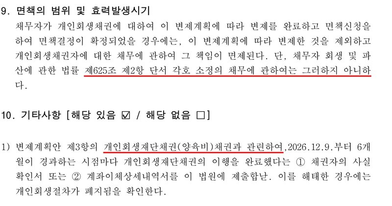같은 변제계획안의 9. 면책의 범위 및 효력발생시기: 채무자가 개인회생채권에 대하여 이 변제계획에 따라 변제를 완료하고 면책신청을 하여 면책결정이 확정되었을 경우에는, 이 변제계획에 따라 변제한 것을 제외하고 개인회생채권자에 대한 채무에 관하여 그 책임이 면제된다. 단, 채무자 회생 및 파산에 관한 법률 제625조 제2항 단서 각호 소정의 채무에 관하여는 그러하지 아니하다. 10. 기타사항 [해당 있음]: 1) 변제계획안 제3항의 개인회생재단채권(양육비)채권과 관련하여, 2026.12.9.부터 6개월이 경과하는 시점마다 개인회생재단채권의 이행을 완료했다는 ① 채권자의 사실확인서 또는 ② 계좌이체상세내역서를 이 법원에 제출합니다. 이를 해태한 경우에는 개인회생절차가 폐지됨을 확인한다.
