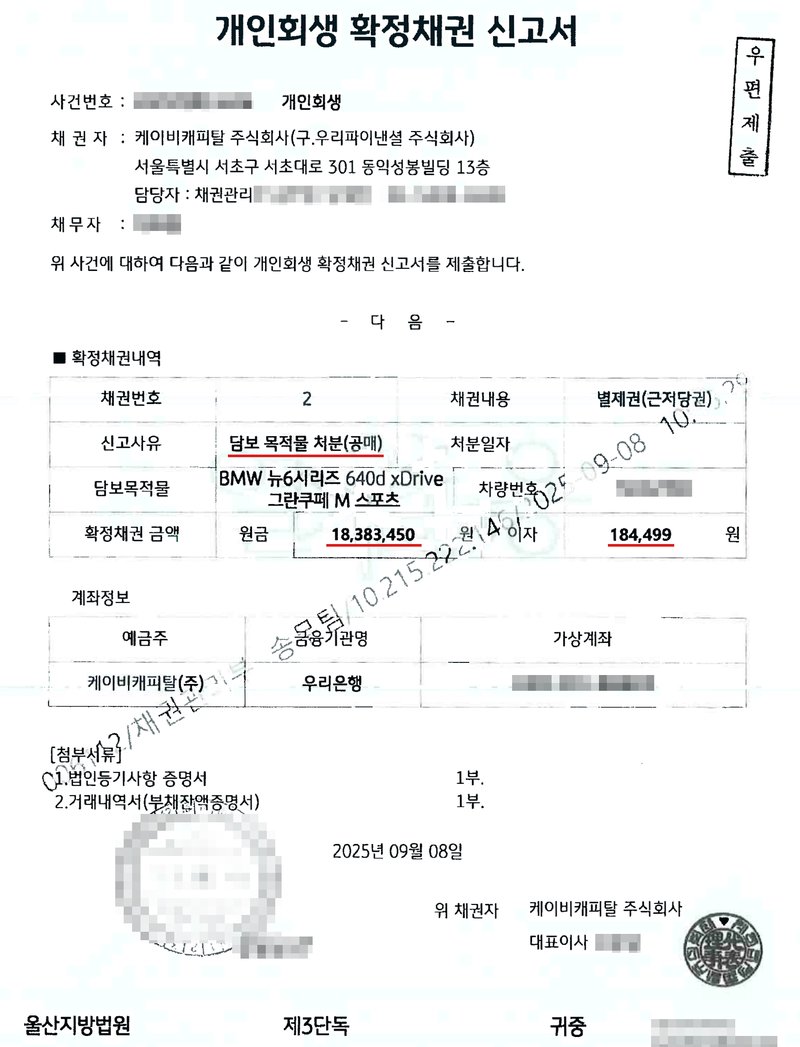 개인회생 확정채권 신고서. 사건번호(가림) 개인회생, 채권자 케이비캐피탈 주식회사(구.우리파이낸셜 주식회사) 서울특별시 서초구 서초대로 301 동익성봉빌딩 13층, 담당자(가림), 채무자(가림). 위 사건에 대하여 다음과 같이 개인회생 확정채권 신고서를 제출합니다. 확정채권내역: 채권번호 2, 채권내용 별제권(근저당권), 신고사유 담보 목적물 처분(공매), 담보목적물 BMW 뉴6시리즈 640d xDrive 그란쿠페 M 스포츠, 차량번호(가림), 확정채권 금액 원금 18,383,450원 이자 184,499원. 계좌정보: 예금주 케이비캐피탈(주), 금융기관명 우리은행, 가상계좌(가림). 첨부서류 1. 법인등기사항 증명서 1부, 2. 거래내역서(부채잔액증명서) 1부. 2025년 09월 08일 위 채권자 케이비캐피탈 주식회사 대표이사(가림). 울산지방법원 제3단독 귀중.
