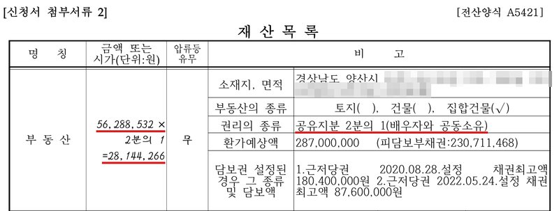 저희 사무소가 법원에 낸 재산목록 일부. 부동산 소재지(시 아래) 가림. 부동산 금액은 환가예상액에서 피담보채권을 뺀 금액에 2분의 1을 곱한 값, 압류 등 유무 무. 부동산의 종류 집합건물, 권리의 종류 공유지분 2분의 1(배우자와 공동소유), 환가예상액과 피담보부채권, 근저당권 두 건.