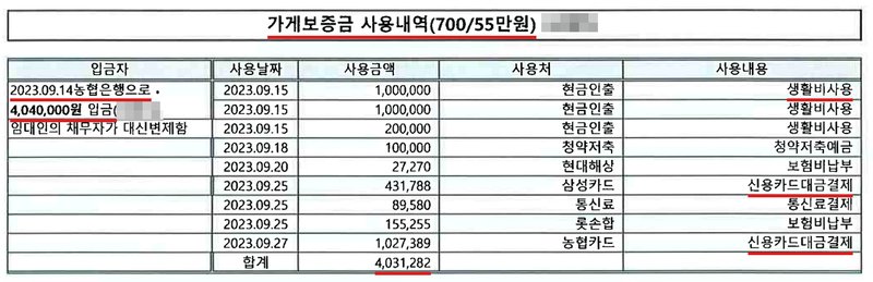 사무소가 작성해 법원에 낸 「가게보증금 사용내역(700/55만원) (상호 가림)」 표. 입금자 칸에 2023.09.14 농협은행으로 4,040,000원 입금(이름 가림). 사용날짜·사용금액·사용처·사용내용 칸에 현금인출 생활비사용, 청약저축, 현대해상 보험비납부, 삼성카드·농협카드 신용카드대금결제, 통신료결제 등이 날짜별로 있고 합계 4,031,282원.