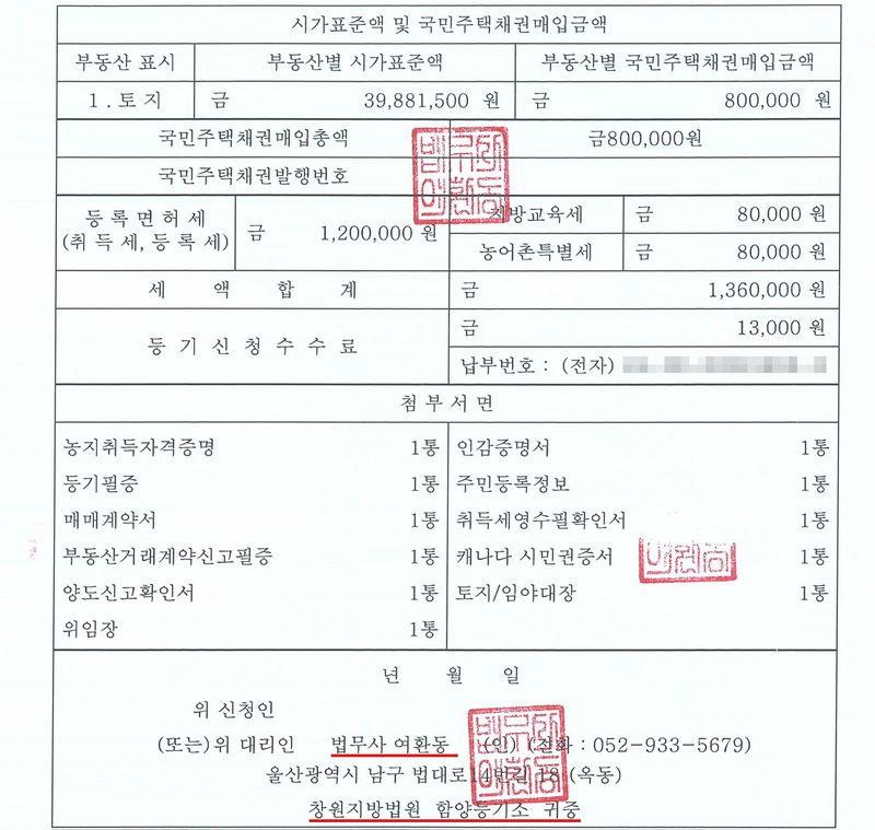 등기신청서의 시가표준액 및 국민주택채권매입금액 칸. 토지 시가표준액 39,881,500원, 국민주택채권매입금액 800,000원, 등록면허세(취득세, 등록세) 1,200,000원, 지방교육세 80,000원, 농어촌특별세 80,000원, 세액합계 1,360,000원, 등기신청수수료 13,000원. 첨부서면 — 농지취득자격증명, 등기필증, 매매계약서, 부동산거래계약신고필증, 양도신고확인서, 위임장, 인감증명서, 주민등록정보, 취득세영수필확인서, 캐나다 시민권증서, 토지/임야대장. 대리인 법무사 여환동과 창원지방법원 함양등기소에 빨간 밑줄. 납부번호는 가렸다.