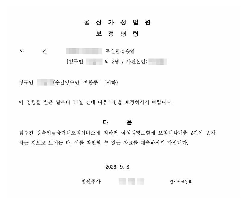 울산가정법원 특별한정승인 보정명령 — 상속인금융거래조회서비스상 삼성생명보험 보험계약대출 2건 확인 자료 제출